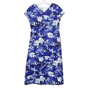 Maggie & Me Dress Neck Blue Hibiscus Floral Women 8P 8 Petite Polyester Lined